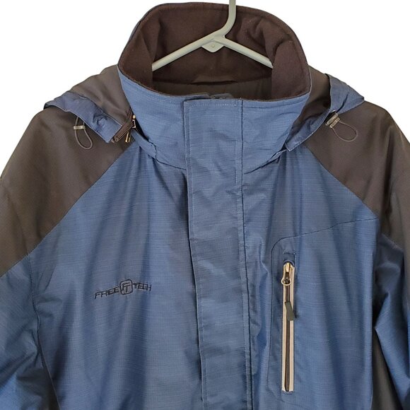 FREE TECH Hooded Jacket Coat Men's L Blue Quilt Lining Full Zip Placket Pocket - Picture 10 of 12